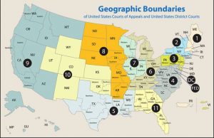 Map showing where to file the US Court of Appeals and District Courts