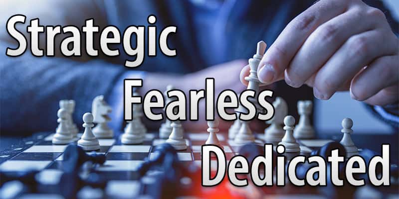 Image of a chess player playing chess with the word "strategic", "fearless", and "dedicated", in reference to the legal theory and practice that our health care fraud defense attorneys used when defending an opthalmologist in a reimbursement dispute.