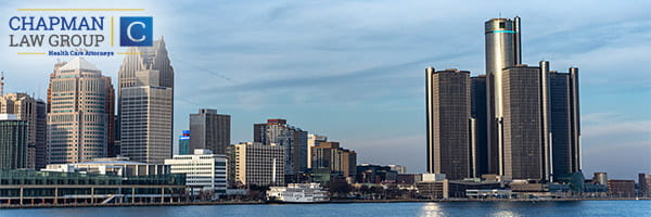 Image of the Detroit Michigan skyline durring the day, where Chapman Law Group practices